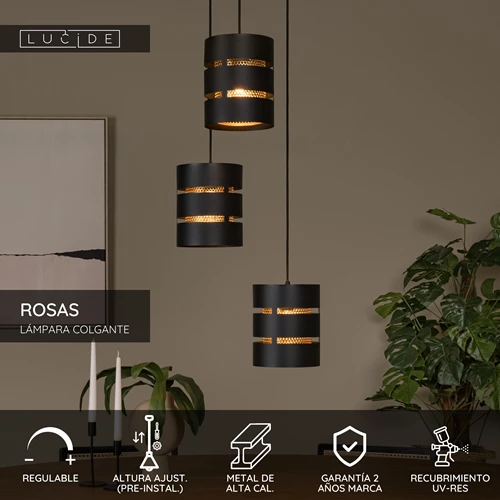 Lucide ROSAS - Lámpara colgante - Ø 43 cm - 3xE27 - Negro - USP